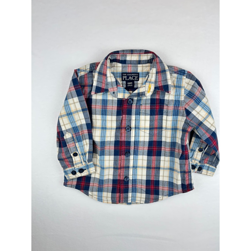 The Childrens Place Boys 12M Plaid Button Down Shirt Blue Red PLC Classic Cotton
